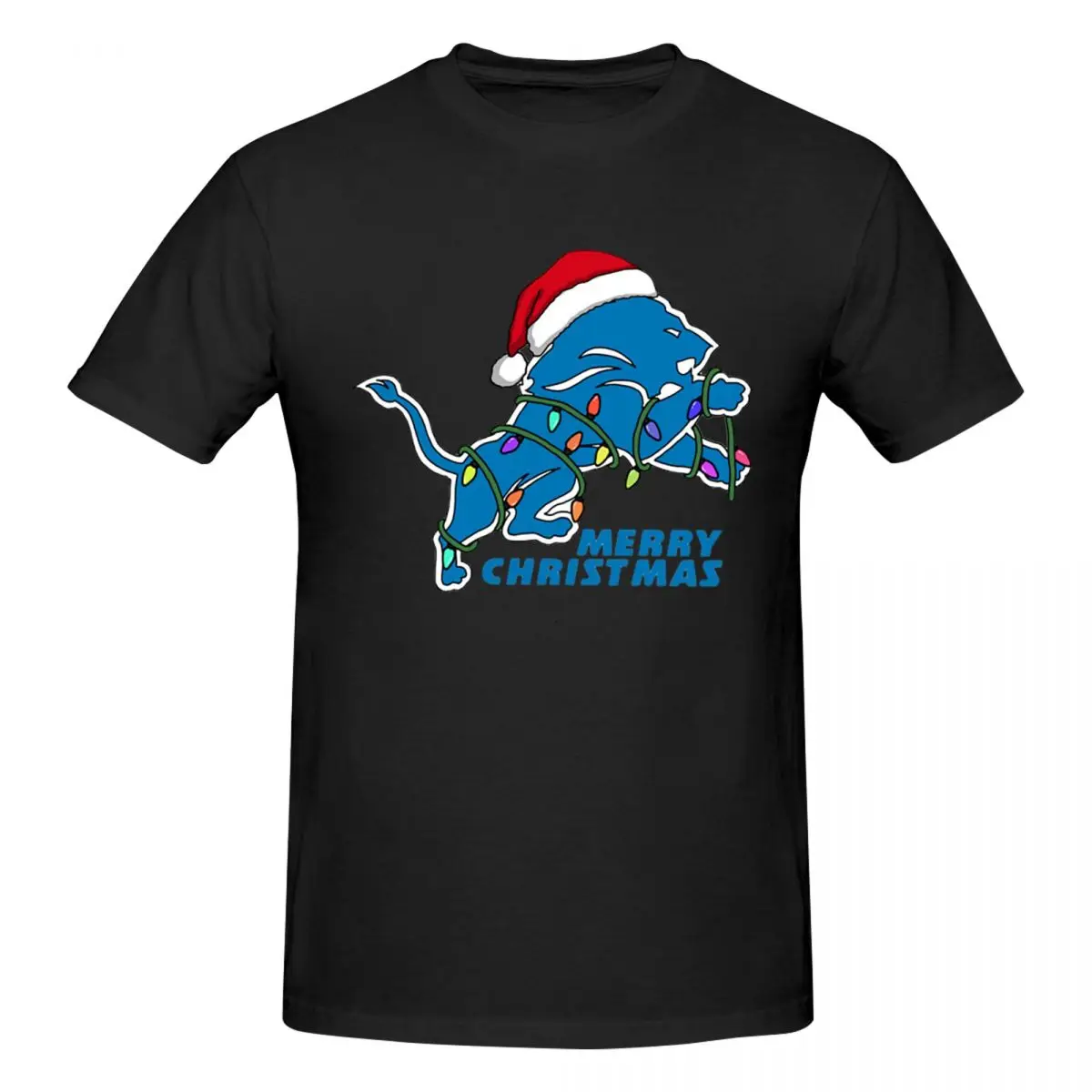 Detroit Lions Merry Christmas Men T-Shirt Classic Plus Size T Shirts Men's Round Neck Cotton Tees Short Summer Male