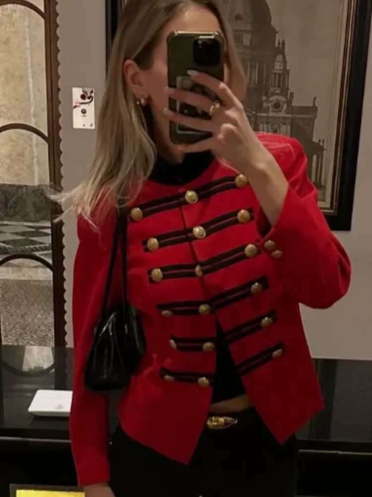 

Red Women Courtly Style Jacket Retro Stand Collar Long-sleeved Gold Double Breasted Black Outerwear 2026 Lady New Party Outfits