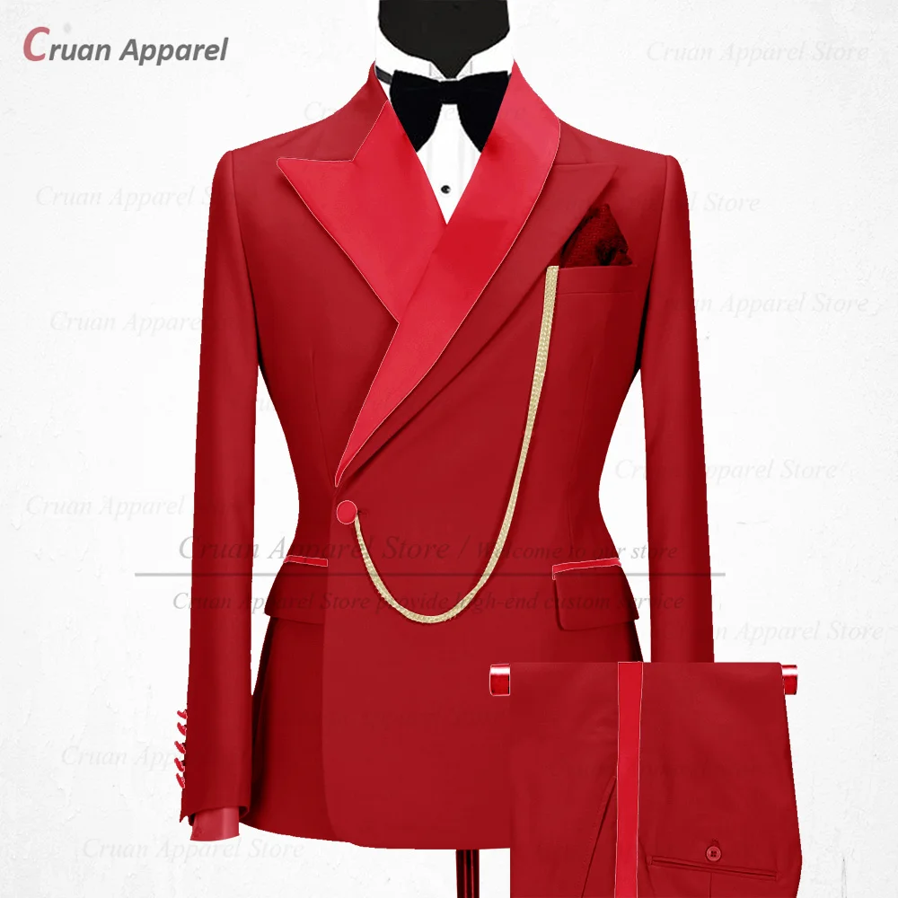 Newest White Suit Men Slim Fit Luxury Groom Wedding Tuxedos Tailor-made Fashion Red Shiny Collar Party Blazer Pants 2 Pieces Set