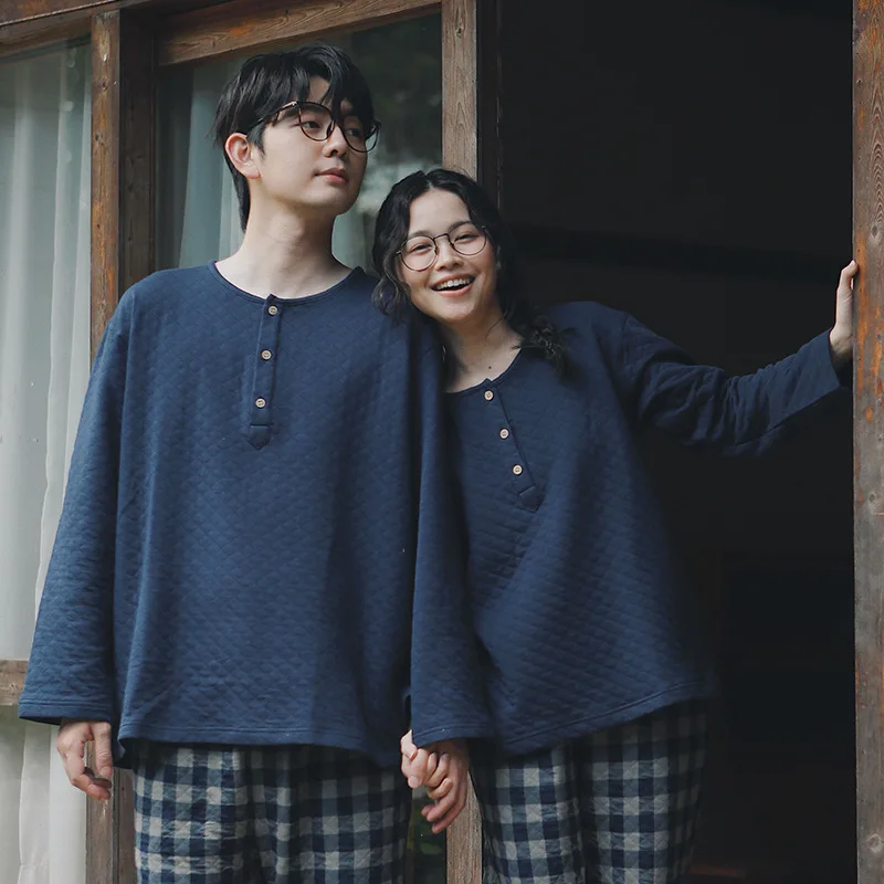 

Warm Pure Cotton Pajamas Men's Long Sleeve round Neck Home Clothes Set Couple's Wearable Sleepwear Breathable Cool Feeling