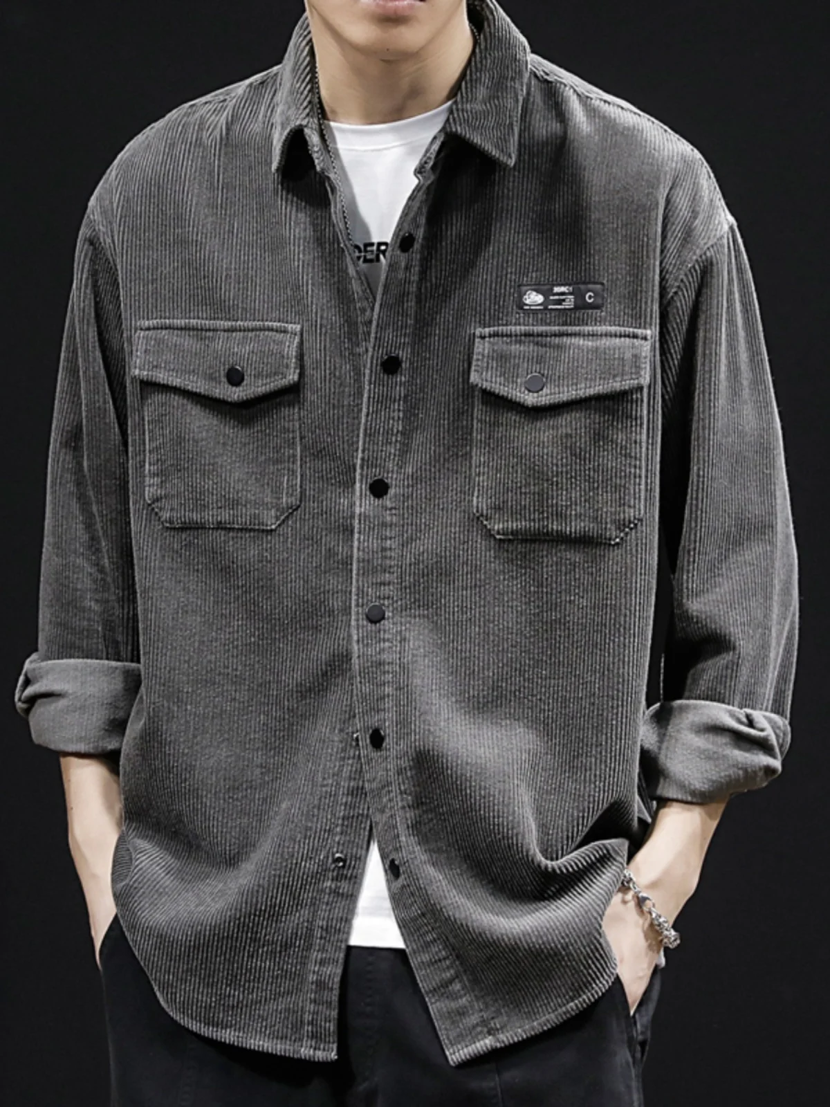 コーデュロイ ロングスリーブ メンズ ルーズフィット カジュアル ワークウェア アウター コート 春秋 プラスサイズ ユース トレンド カラー