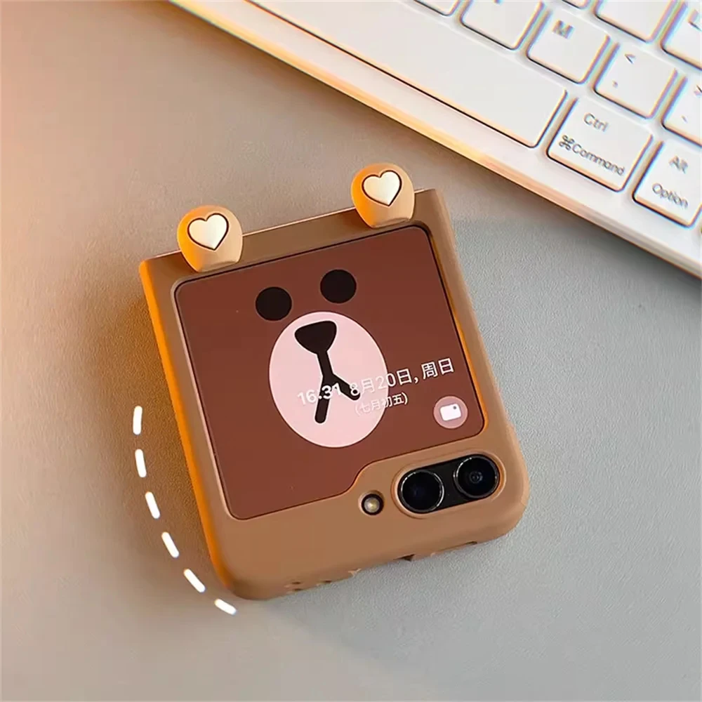 Ins Korean Cute Cartoon Bear Ears Phone Case For Samsung Galaxy Z Flip 6 Flip 5 Japan Anime Kawaii Brown Liquid PC Back Cover