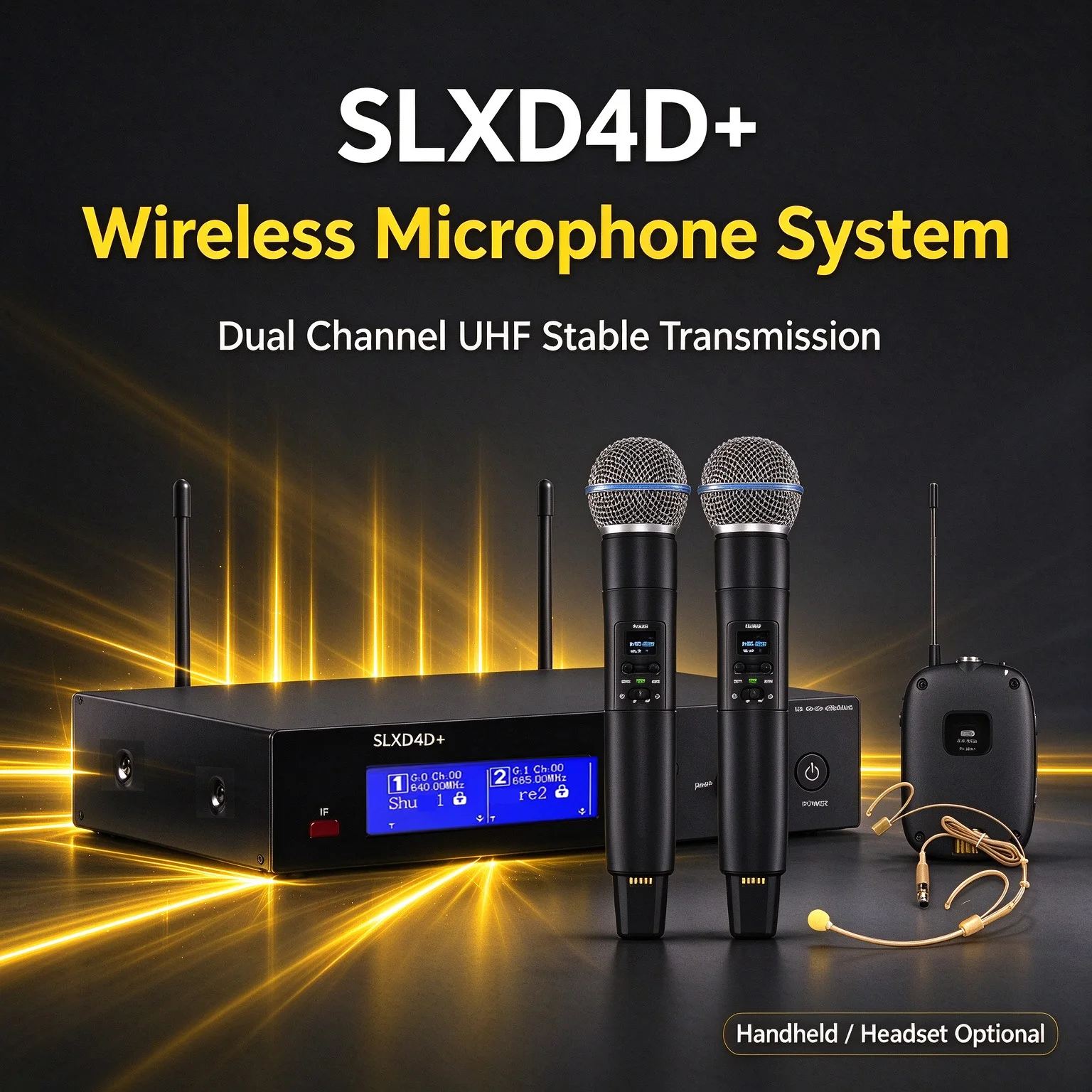 CNRV SLXD4D+ BETA58A UHF Wireless Microphone, 2 Channel Multi-functional 640-690MHz Professional Handheld Mic System for Stage