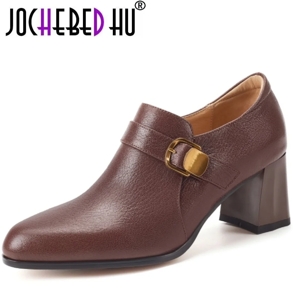 

【JOCHEBED HU】Новые женские туфли-лоферы ручной работы из натуральной кожи с круглым носком, мягкие и удобные, на массивном каблуке, размеры 34-40