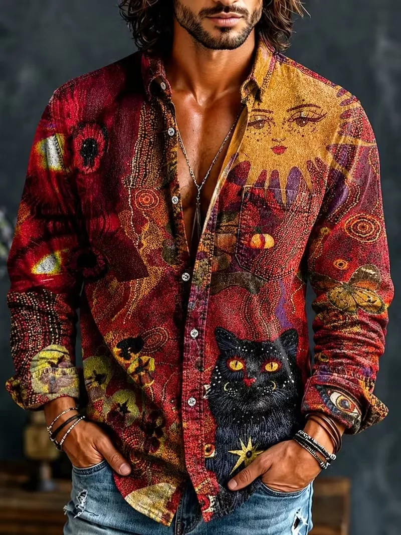 New Chinese retro shirt with dragon flower pattern lapel collar, daily Chinese style casual long sleeved shirt