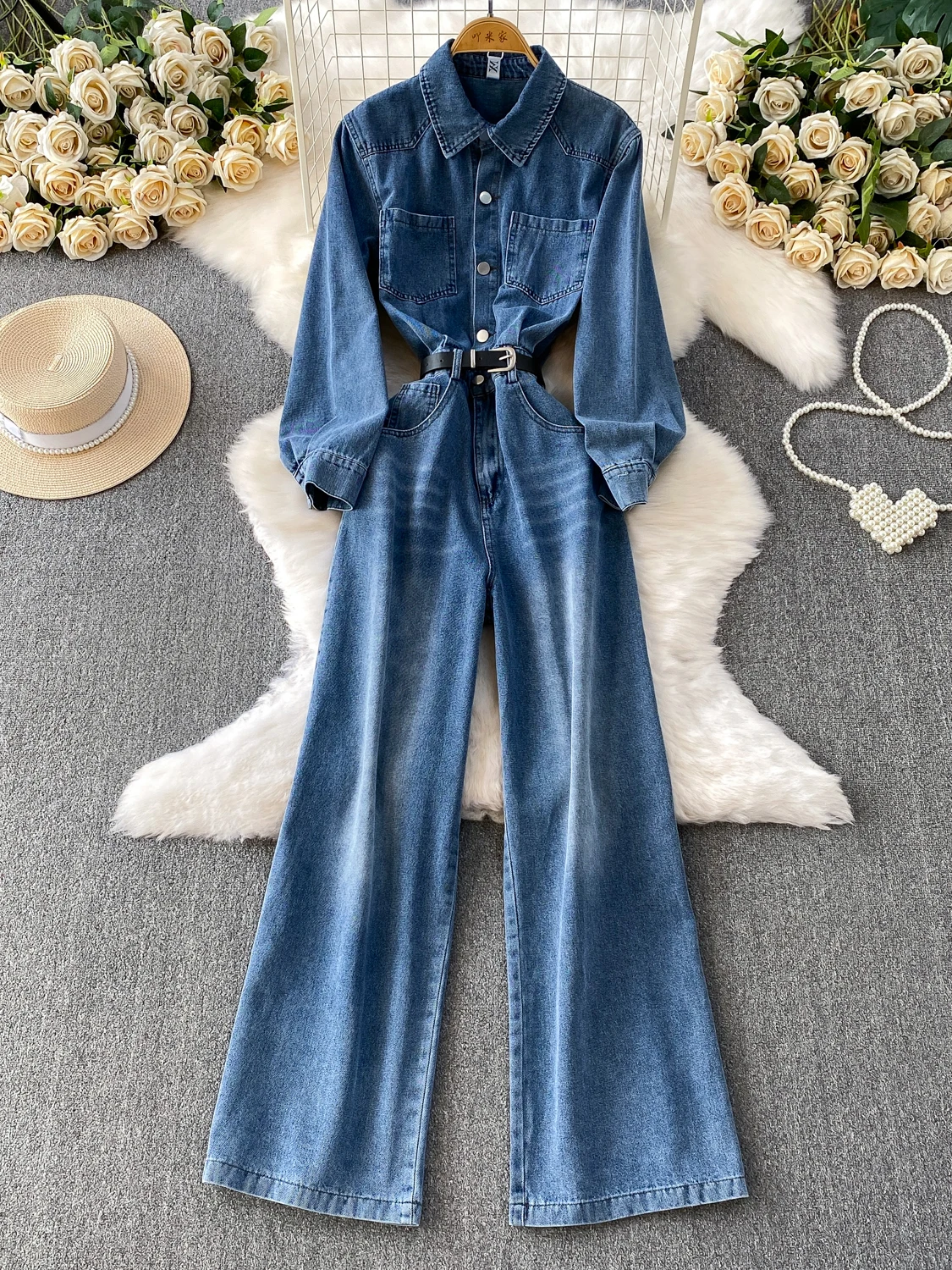 

Waed Denim irt Dr Pants Women's Spring Autumn Single Button Slimming Wide Leg Long Pants High Waist Commute Sle