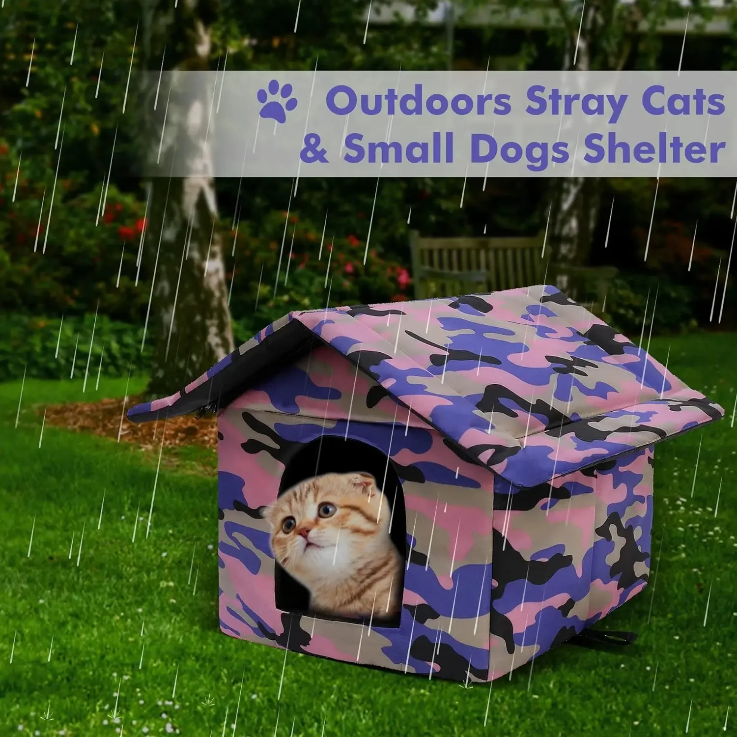 Purple Camouflage House for Outdoor Cats and Dogs, Waterproof, Weatherproof, Warm, Feral, Pet House, Stray Cats Shelter