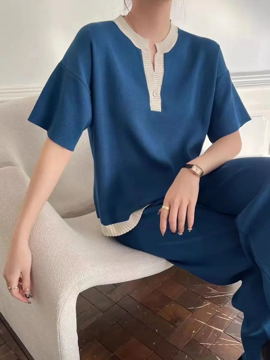 

Summer Women V-Neck Knit Set Patchwork Loose Pullover Top And Wide Leg Pants Casual Elegant Office Lady Set Chic Homewear