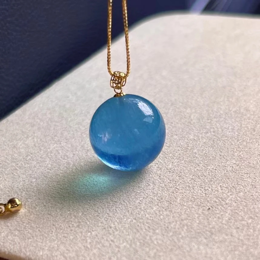 Natural Blue Aquamarine Quartz Pendant 16.7mm Brazil Round Sphere Jewelry 18K Gold Deep Blue Aquamarine Necklace AAAAA