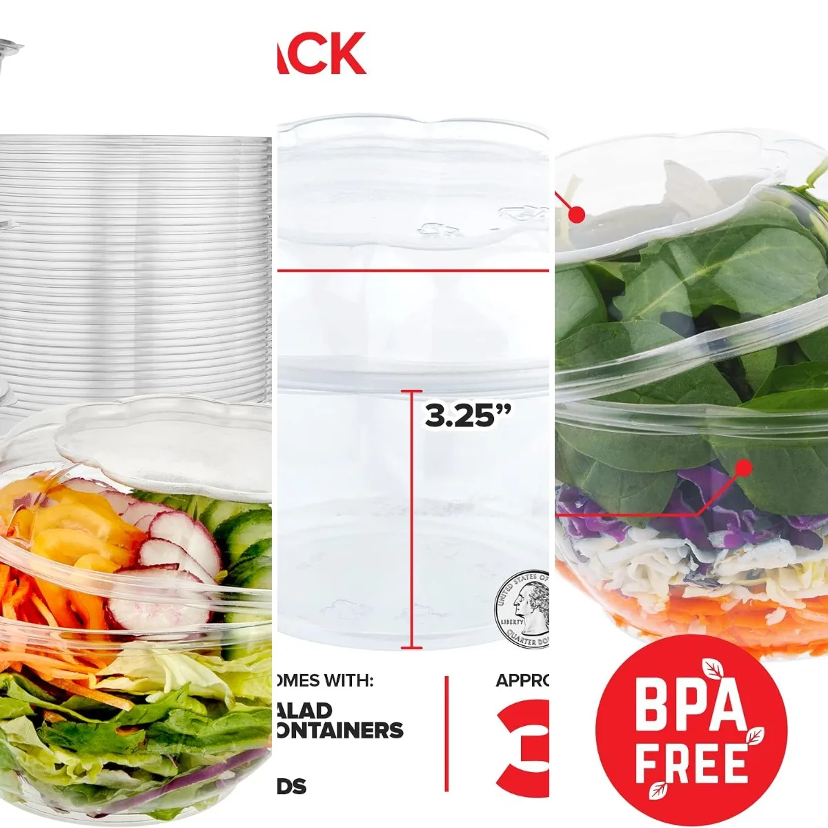 32oz Clear Plastic Salad Bowls with Lids Disposable (50 Pack) Medium Takeout Container with Snap on Lid for Fruit Salads, Quinoa