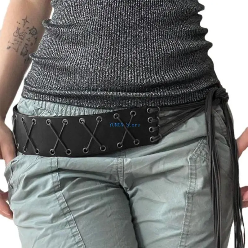 D0UD حزام مشد ذاتي العقد مهدب حزام خصر أنيق للسيدات حزام PU مزخرف