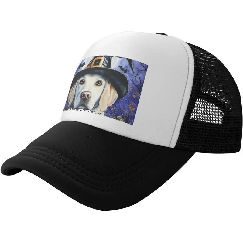 Halloween Labrador Retriever Dog Happy Halloween Pumpkin Breathable Mesh Baseball Cap Adjustable Lightweight Trucker Hat Black