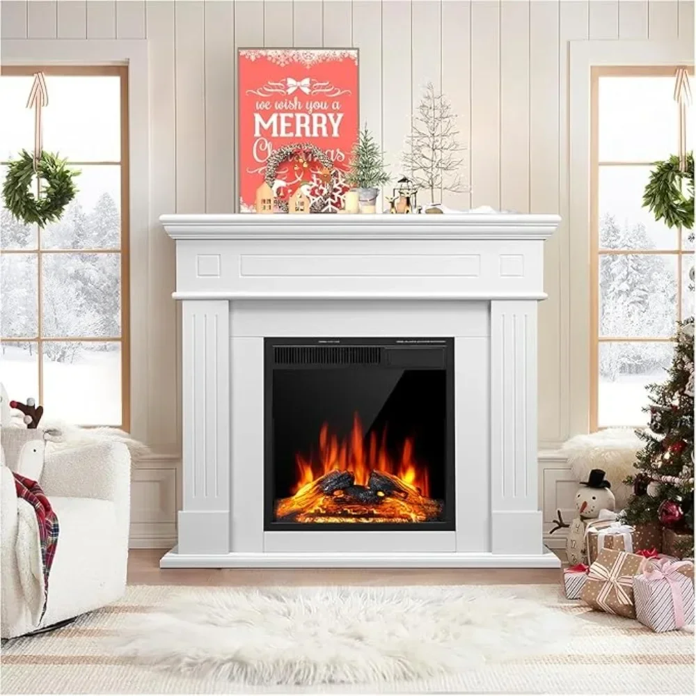 

44" Electric Fireplace with Mantel Package Freestanding Fireplace Heater Corner Firebox with Log &Remote Control,750-1500W,White