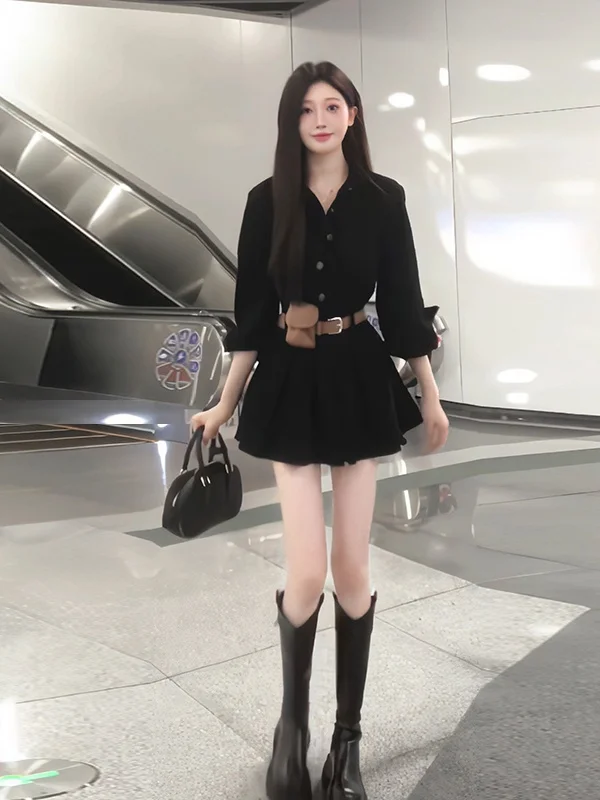 

Retro Long Sve irt Dr with Bag Waist Belt Slimming Pleated Skirt Ele Agel High Waist Summer Gown for Teens