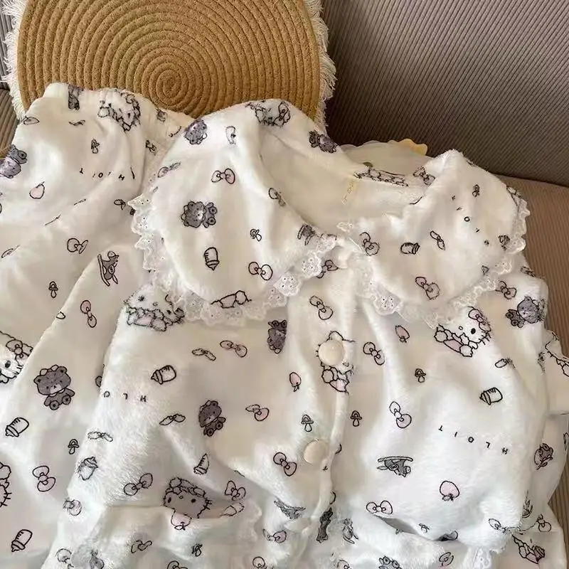 

Sanrio Hello Kitty Pajamas Set Flannel Women Girls Autumn Winter Homewear Doll Collar Thickened Long Sleeve Cute Warm Nightwear