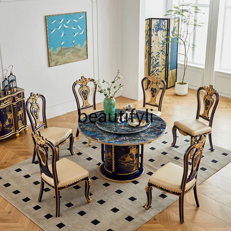

French Chinese style large apartment round hand-painted blue solid wood rotating dining table and chairs4593