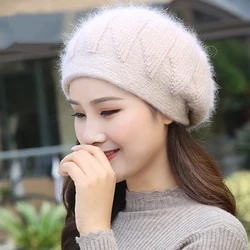 Hat Women Angora Beret Winter Knit Warm Beads Double Layers Thermal Snow Outdoor Skiing Accessory Cap Headwear