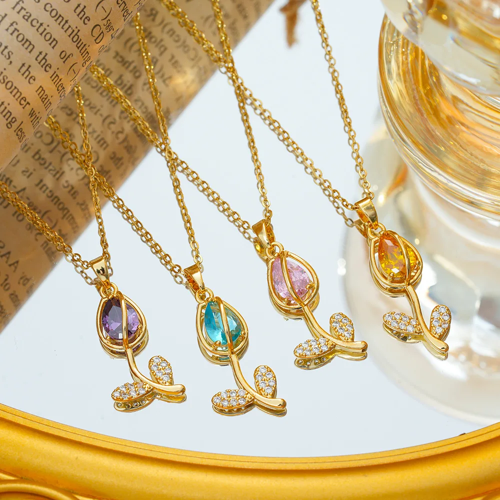Colorful Zircon Tulip Flower Pendant Necklaces for Women Girls Stainless Steel Chain Trendy Romantic Jewelry Accessories Gifts