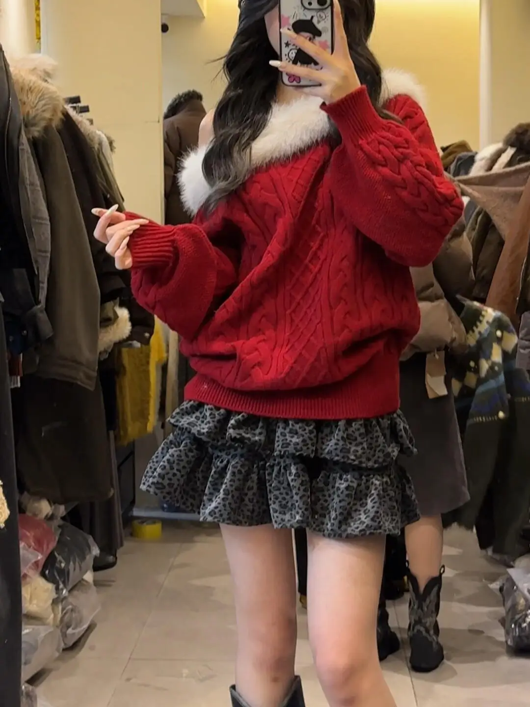 

Christmas New Year Red Fur Collar One Shoulder Knitted Sweater Women Winter Lazy Style Shoulder Exposure Knitted Top