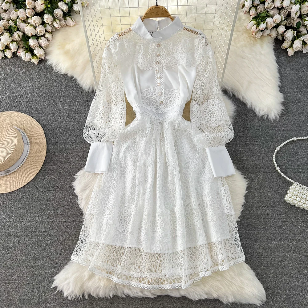 

Autumn Luxury Lace Dress for Women Hook Floral Hem Dresses Chic Stand Collar Pearl Button Female Formal Traf Gorgeous New In