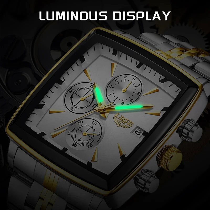 LIGE Business Men's Watches Square Waterproof Luminous Sports Quartz Watch Stainless Steel Strap Calendar Relogios Masculino+Box view 6