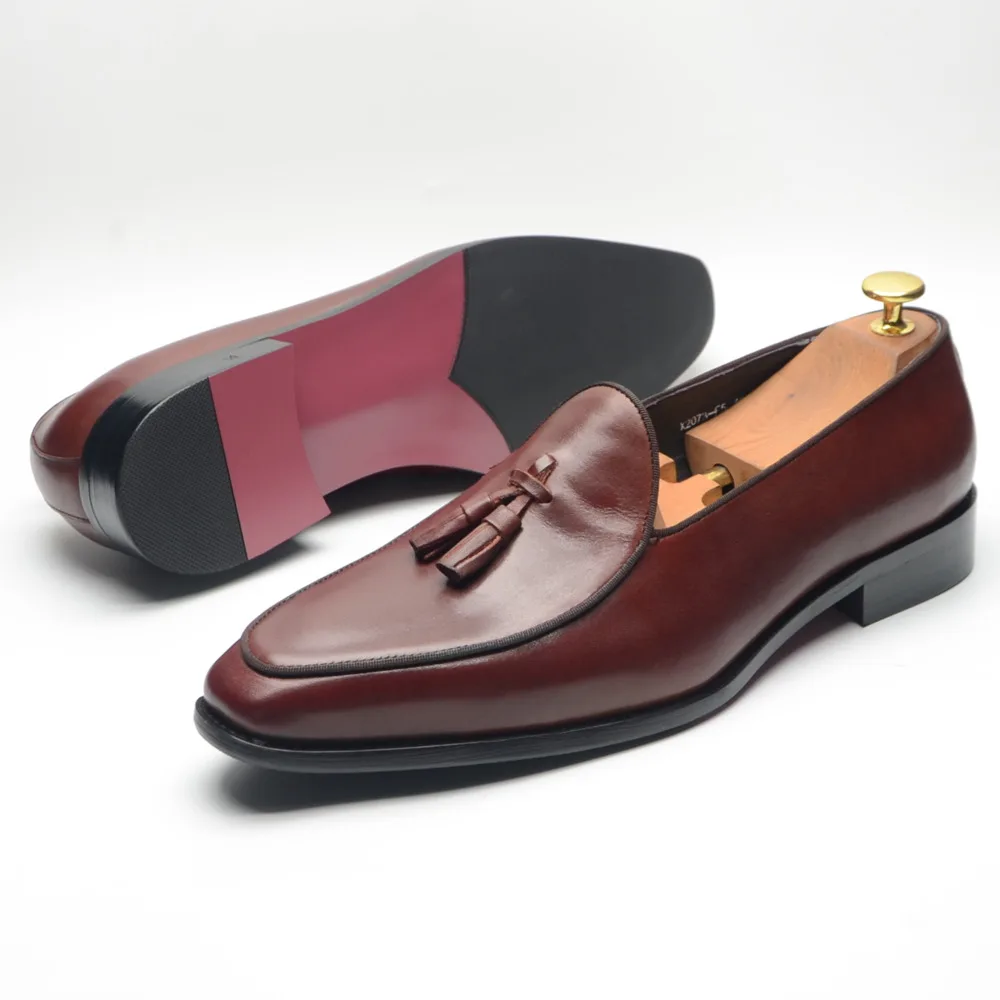 Luxury Genuine Leather Mens Tassel Loafer Shoes Size 38-46 Elegant Wedding Party Burgundy Black Slip-On Dress Shoes for Man