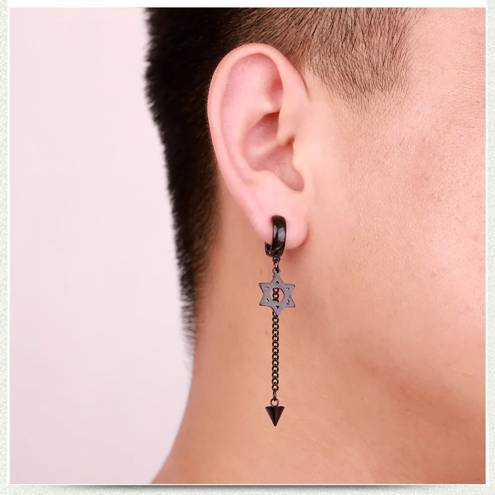 1 Pc Men Vintage Punk No Allergic Titanium Steel Stud Earring Six Star Earrings Tassel Hexameron Earrings Fashion Accessories