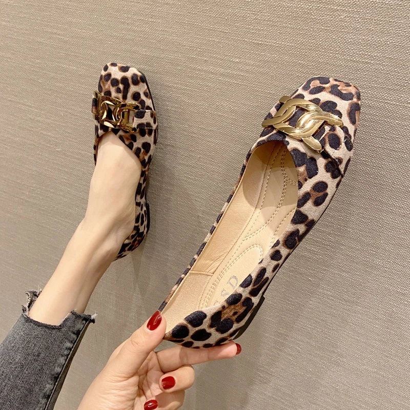 Flat shoes for women Spring Summer new women's shoes Leopard Metal buckle shallow square toe flat shoes Large 44 45 46 view 2