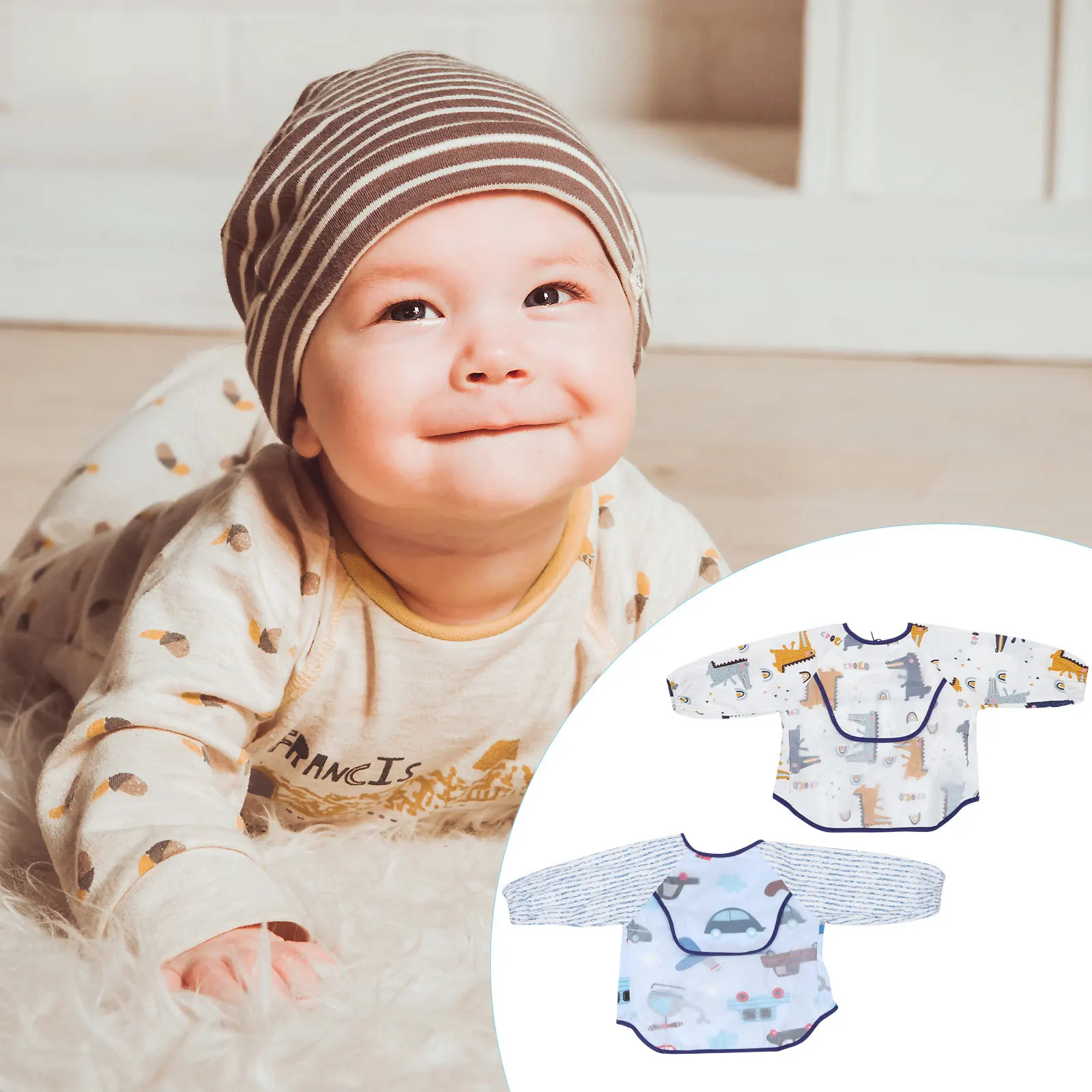 2Pcs Baby Long Sleeve Bibs Children Waterproof Feeding Pure Cotton 95 Toddler Aprons Smock Easy Dry Lightweight