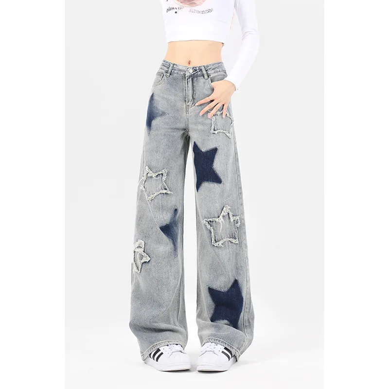 Retro estrela bordado cintura alta carga jeans feminino streetwear lavado angustiado denim calças retas calças de grandes dimensões