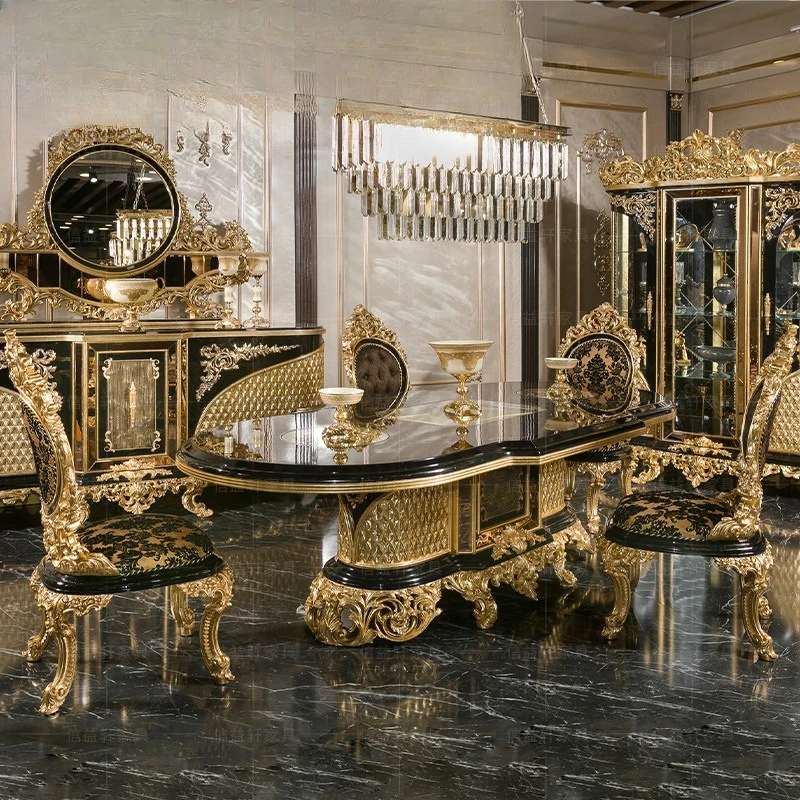 

French Solid Wood Carving Flower Long Dining Table Combination European High-end Fabric Gold-painted Dining Chair Furniture