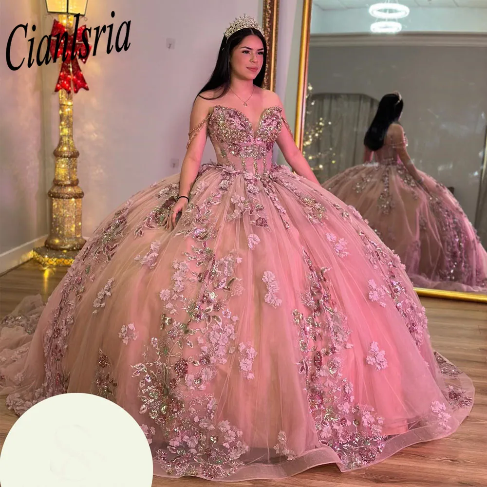 

Princess Sequined Appliques Lace Quinceanera Dresses Ball Gown Off The Shoulder Beading Sweet 15 Vestidos De XV Años