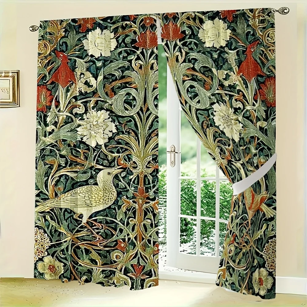 2pcs Morris-Style Curtain No Rod — Birds & Lilies in Emerald, Ruby, Cream; Intricate Floral Scrollwork for Elegant Home Decor