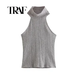 TRAF 2024 Women Summer New Fashion Slim Hanging Neck Sleeveless Vest Top Female Casual Loose O Neck Knitting Solid Vest Top