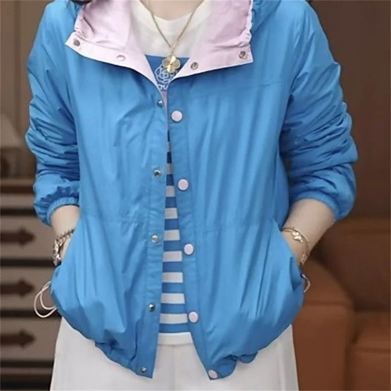 Double Sided Wearable Blue Pink Contrasting Autumn Winter Jacket Women Cotton Padded Warm Hooded Windproof Short Cotton Coat