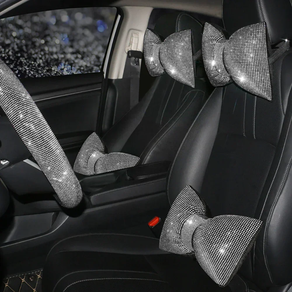 

Car Neck Pillow Crystal Rhinestones Bowknot Auto Headrest Pillow Lumbar Support Head Rest Lumbar Support Bling Car Accessories