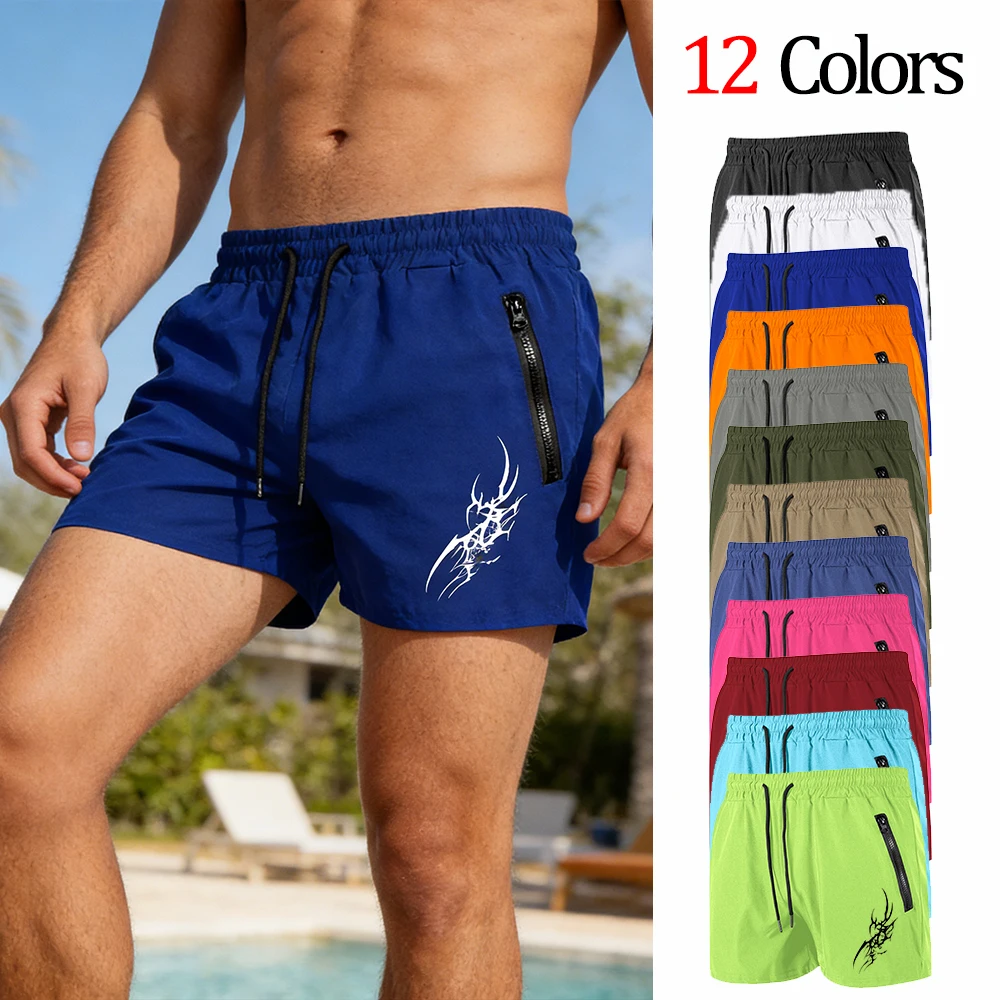 Men's Swim Trunks with Double Zipper Pockets Summer Quick Dry Beach Shorts Tribal Tattoo Print Gym Sport Swimwear 12 Colors