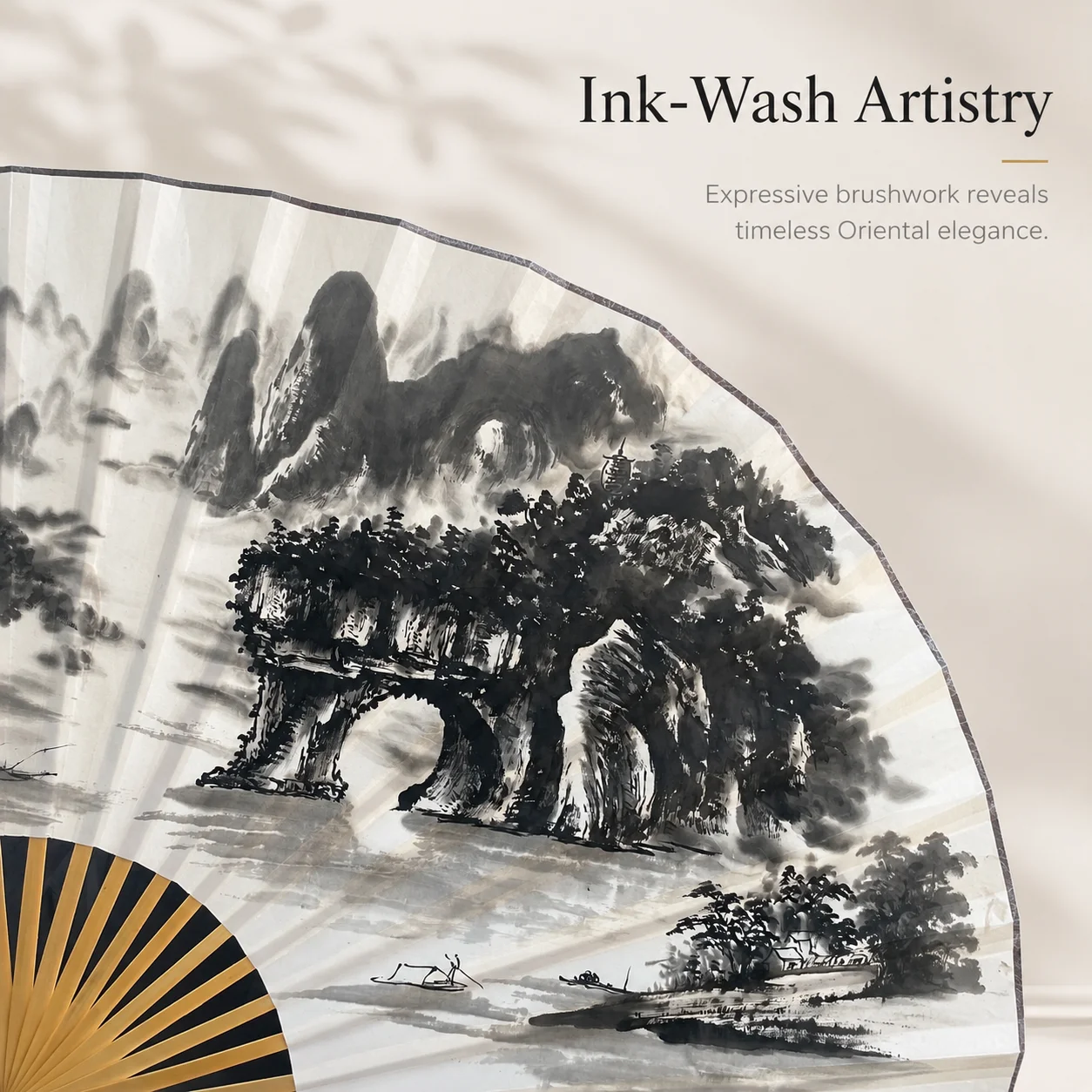 160cm Oversized Wall Hanging Fan, Printed Mountain River Ink Painting Bamboo Frame, Chinese Style Wall Decor for Home Tea Room