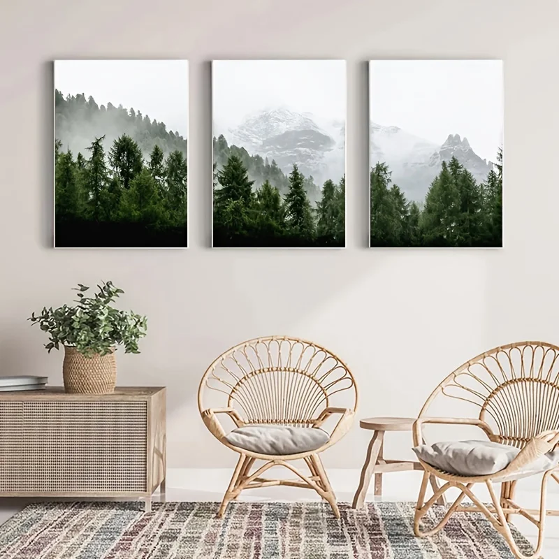 （NOframe 3PCS）-3pcs Green Forest Landscape Canvas Painting - Modern Minimalist Misty Poster for Home Decor