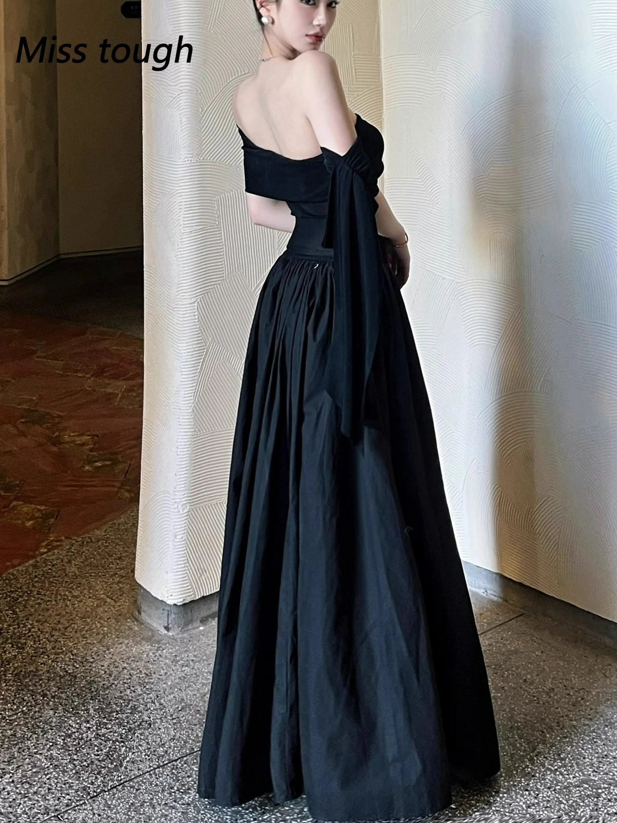 

Elegant Black Off Shoulder Maxi Dress Women Formal Evening Gown High Waist Draped Satin Style Party Long Dress with Flowy Hem