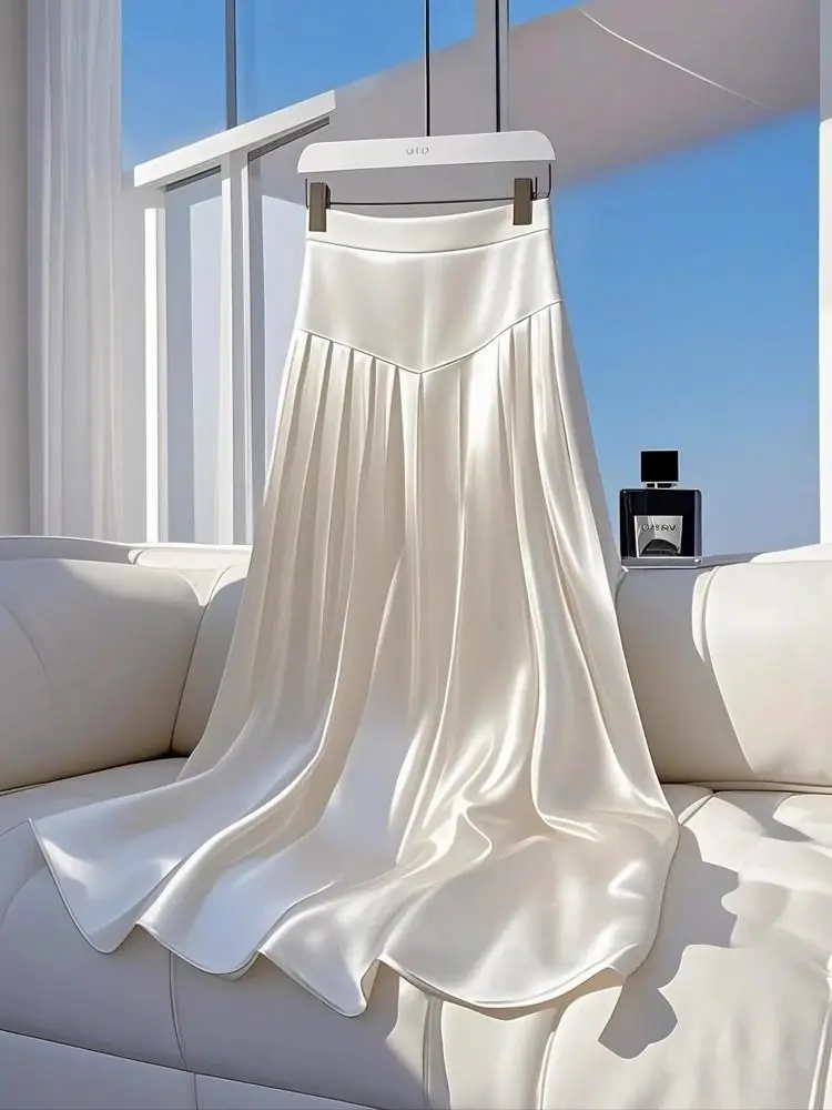 

Fashion Elegant Long Skirts Solid Color High Waist Pleated Patchwork All Match Skirt 2025 Summer New Female Slim Women Clothing