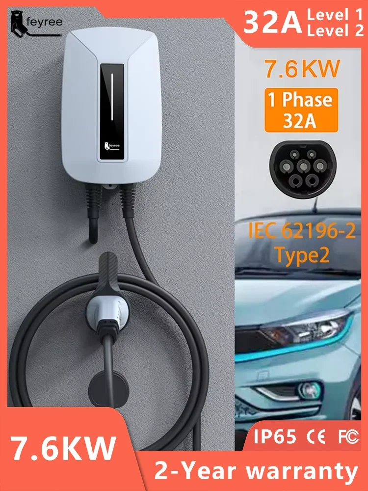 Feyree EVSE Wallbox IEC62196-2 Steckdose 1 Phase 5m Kabel 32A 7KW EV-Ladegerät Typ2-Stecker Wandmontierte Ladestation für Elektroautos