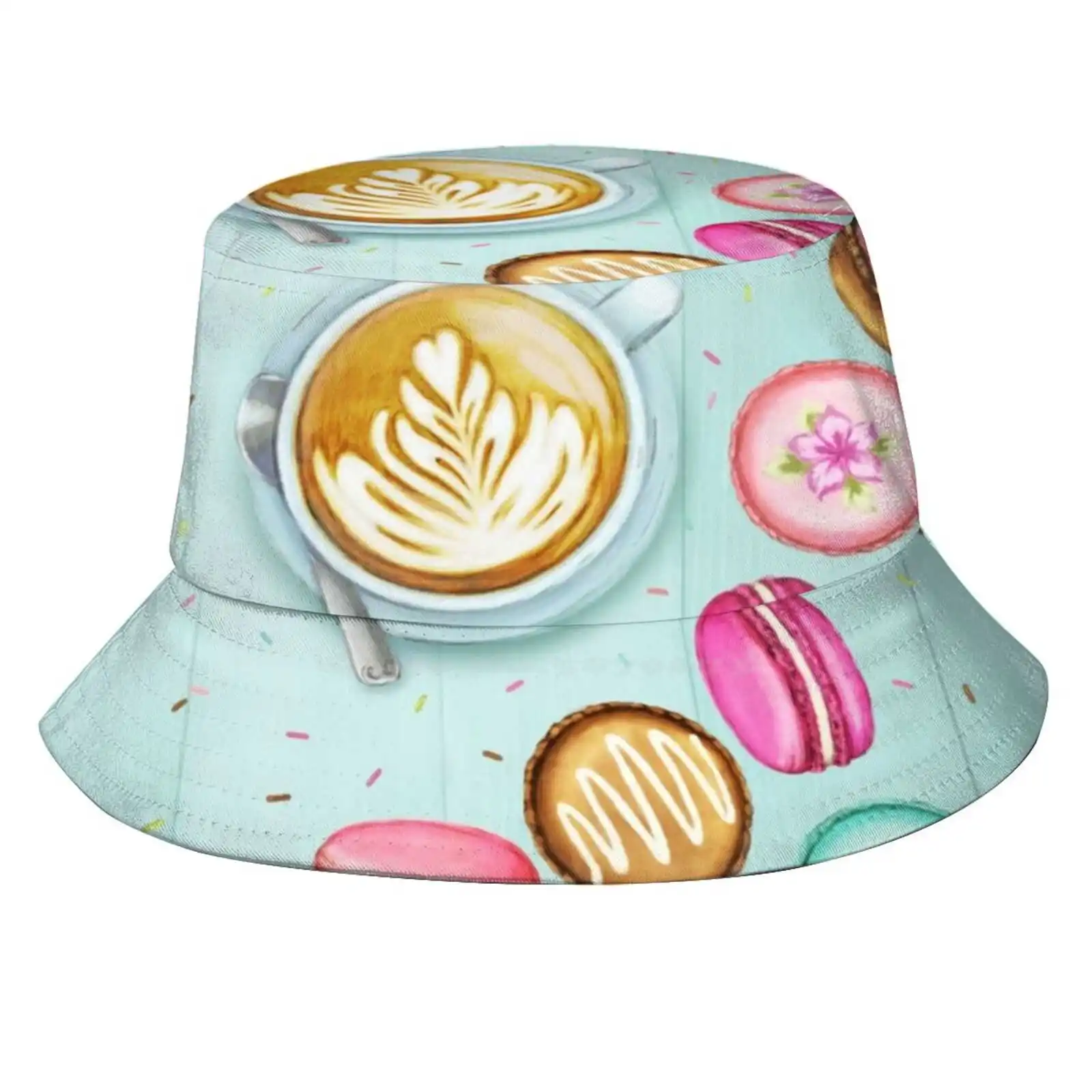 Latte And Macarons Sun Cap Fisherman Hat Bucket Hats Latte Macaroons Macaron Cookies Food Breakfast Digital Illustration Coffee