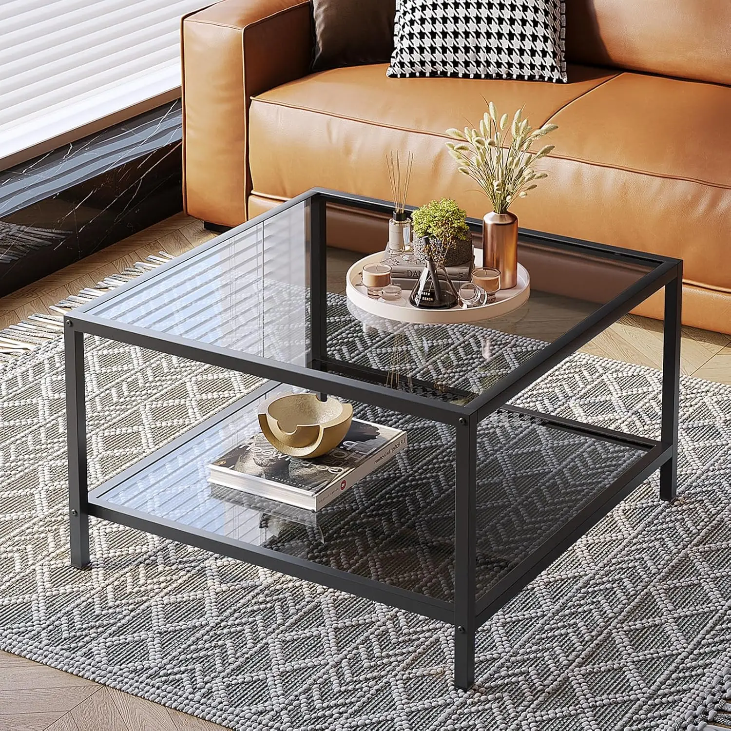 Saygoer Modern Coffee Table 2-Tier Glass Coffee Tables With Storage Simple Square Center Table For Living Room Home Office,