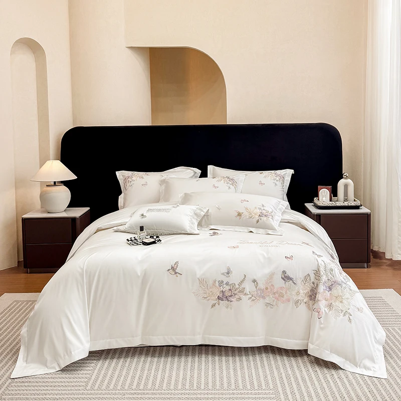White Egyptian Cotton Bedding Set Luxury Floral Bird Embroidery Duvet Cover Set Soft Flat/Fitted Bed Sheet for Queen King Size