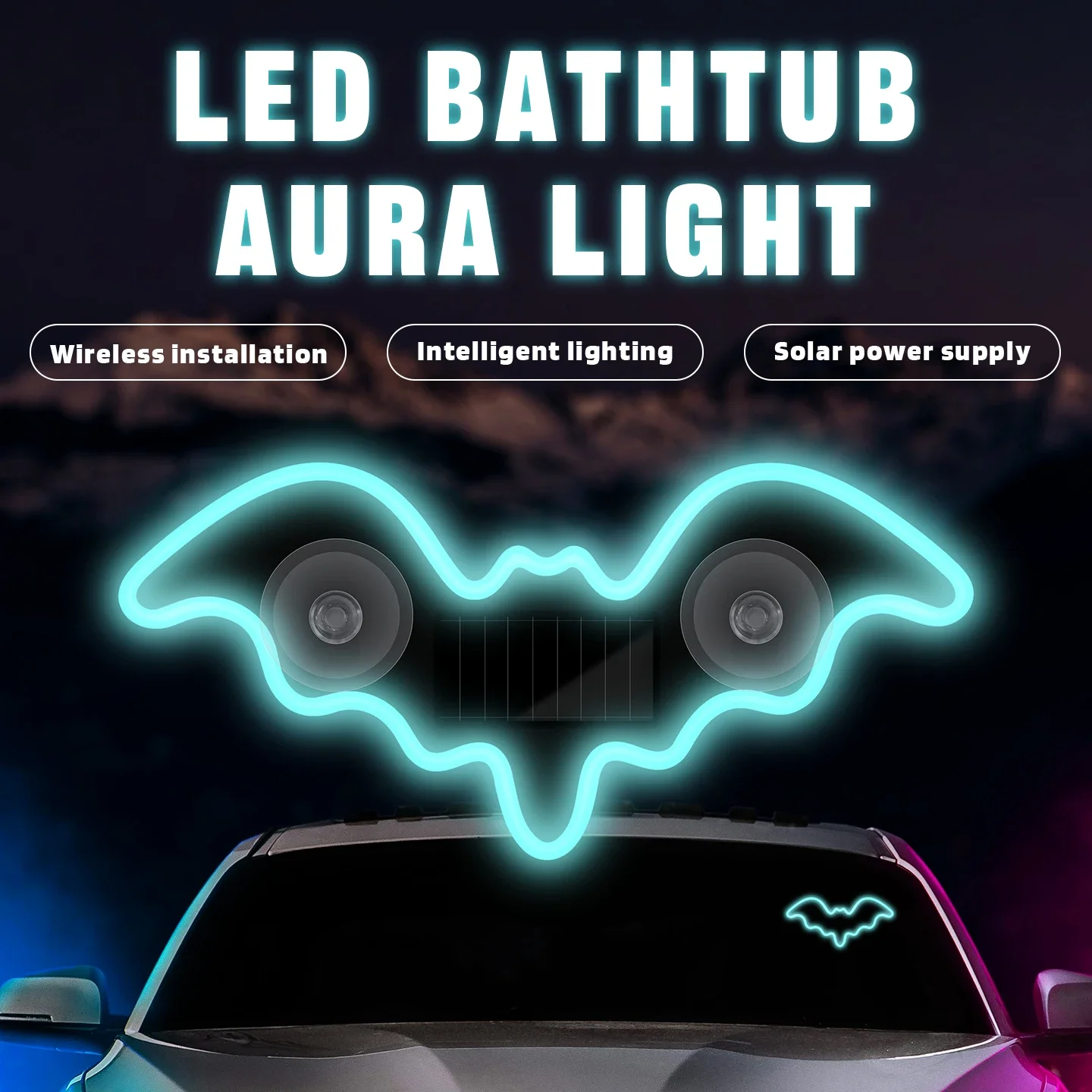 Solar Powered Car Neon Light Bat Shaped RGB LED Window Lamp Suction Cup Rechargeable Atmosphere Breathing Lights Car Accessories