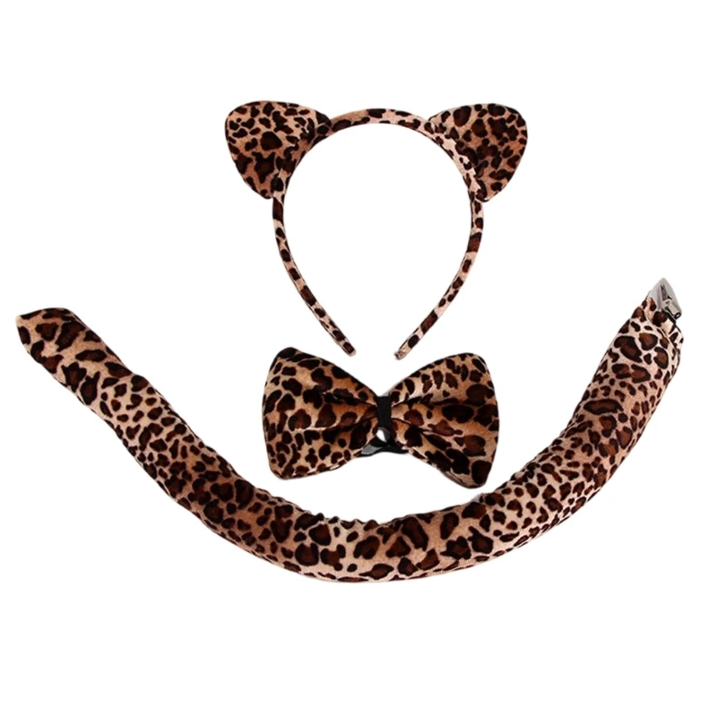 49ME Role Play Costume Accessory with Leopard Print Ear Band Tail and Neck Tie Halloween Themed Outfit for Cosplay Party Use