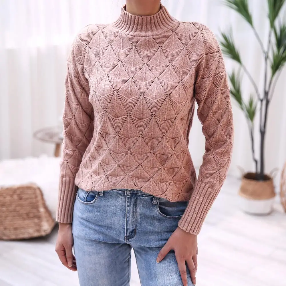 

Faionable Autumn Winter Knitted Sweater f High Collar Diamond Pattern Independent Station Cross-Border Women's Wear Long...