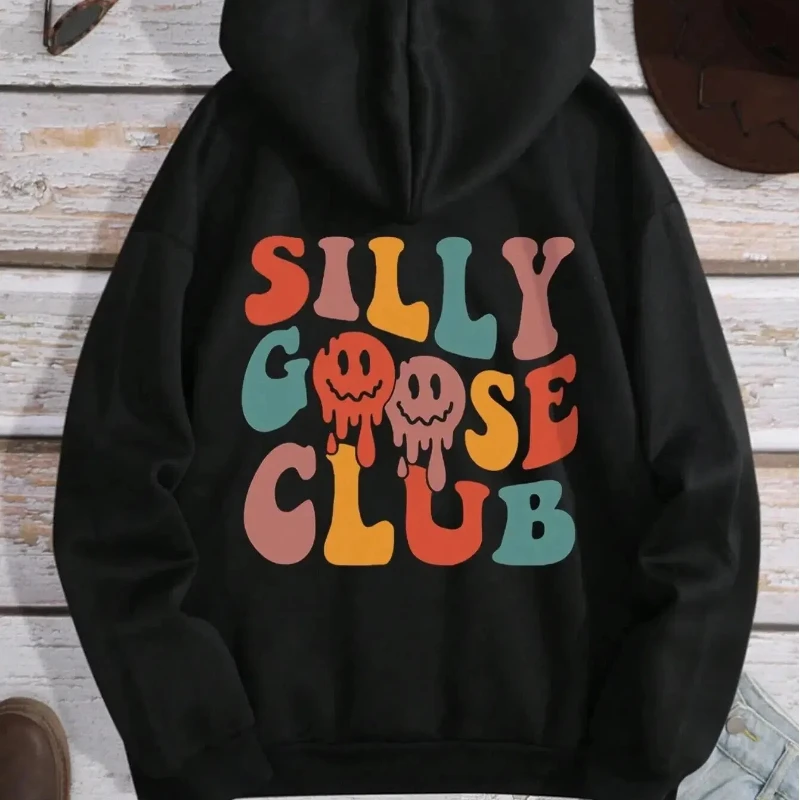 Felpa con cappuccio grafica Silly Goose Club con lettera Felpa girocollo vintage femminile Autunno oversize con cappuccio Comodo streetwear da donna