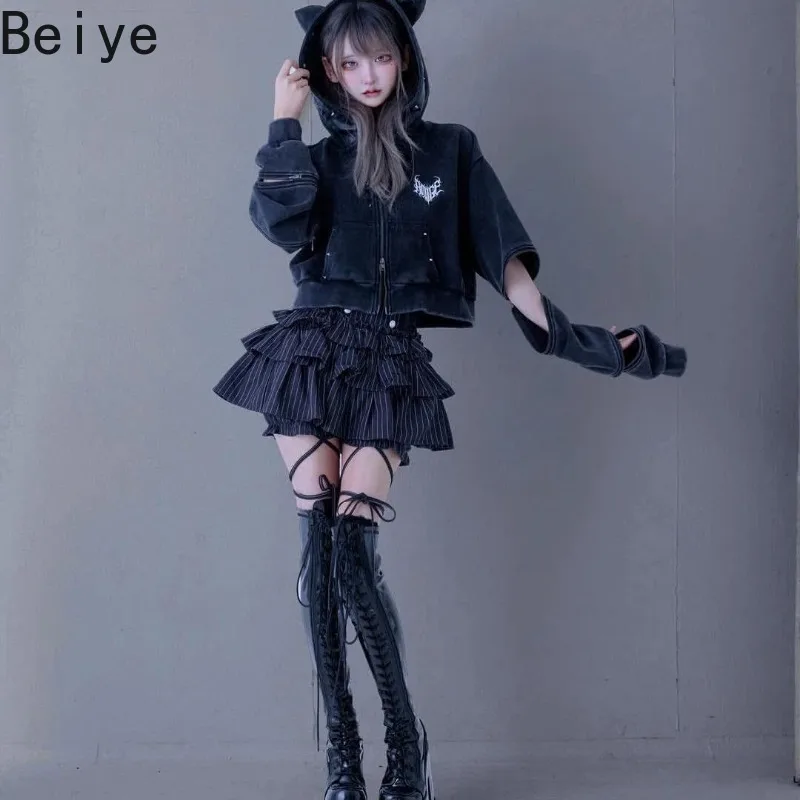 Harajuku Gothic Cat Ear Cropped Hoodie Women Punk Cut Out Sleeve Zip Up Sweatshirt Female Letter Print Outerwear Coats